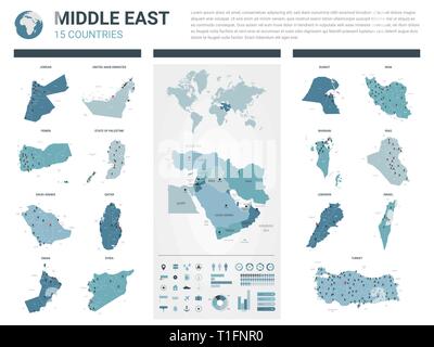 Jeu de cartes vectorielles. Des cartes détaillées des 15 pays du Moyen-Orient avec division administrative et villes. Une carte politique, carte de région du Moyen-Orient, Illustration de Vecteur