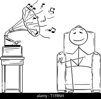 Cartoon stick figure dessin illustration conceptuelle de l'homme assis dans un fauteuil confortable et profiter de l'audience de la musique de gramophone ancien avec les yeux fermés. Illustration de Vecteur