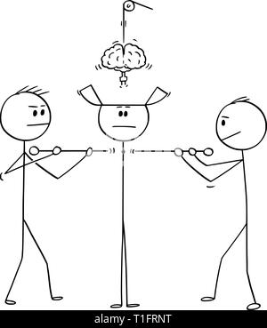 Cartoon stick figure dessin illustration conceptuelle de deux techniciens de la construction ou de l'assemblage ensemble homme ou être humain à partir de pièces. Illustration de Vecteur