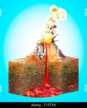 L'article d'un volcan, schéma structurel et la section du terrain, rendu 3d. L'éruption et la lave Banque D'Images