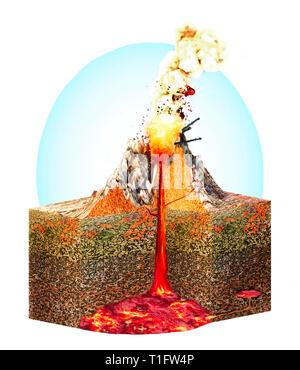 L'article d'un volcan, schéma structurel et la section du terrain, rendu 3d. L'éruption et la lave Banque D'Images