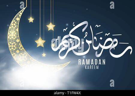 Ramadan Kareem couvrir. Mois Sacré de la religion. Calligraphie Arabe dessiné à la main. Lune Dorée avec étoiles suspendues dans le brouillard. Ciel étoilé. Temple avec dômes. Vector Illustration de Vecteur