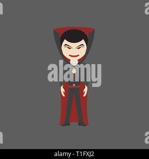 Vampire aux yeux rouges et portant des robes noires pour une fête d'halloween, vampire illustration, modèle plat Illustration de Vecteur