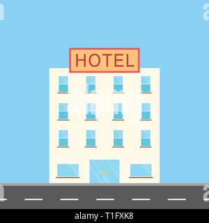 Hôtel L'illustration à côté de route avec de nombreuses fenêtres et une porte, modèle plat Illustration de Vecteur