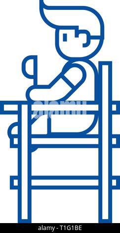 Bébé garçon assis sur la chaise haute icône ligne concept. Bébé garçon assis sur la chaise haute télévision vector symbole, signe, contours illustration. Illustration de Vecteur