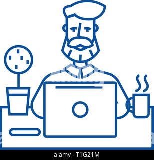 L'homme à barbe qui travaillent sur le tableau avec l'icône de la ligne de l'ordinateur portable concept. Beard man working on table avec télévision portable, signe, symbole vecteur illustration contour. Illustration de Vecteur