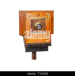 Old vintage appareil photo en bois isolé sur fond blanc. Banque D'Images