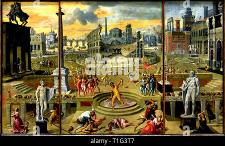 Les massacres du Triumvirat - le massacre du Triumvirat 1566 par Antoine Caron 1521-1599 France français, ( Guerre de Religion le 6 avril 1561, Anne de Montmorency, connétable de France, a été rejoint par Jacques d'Albon de Saint-André et le Duc de Guise en un triumvirat anti-protestante. Les monuments romains, l'Apollo Belvedere et les Dioscures, sont clairement inspiré par Antoine Lafréry's. ) Banque D'Images