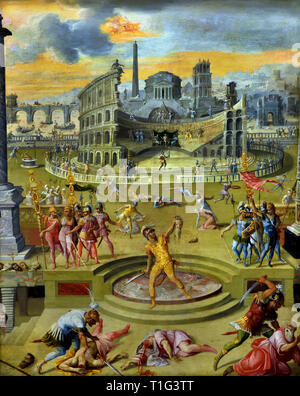 Les massacres du Triumvirat - le massacre du Triumvirat 1566 par Antoine Caron 1521-1599 France français, ( Guerre de Religion le 6 avril 1561, Anne de Montmorency, connétable de France, a été rejoint par Jacques d'Albon de Saint-André et le Duc de Guise en un triumvirat anti-protestante. Les monuments romains, l'Apollo Belvedere et les Dioscures, sont clairement inspiré par Antoine Lafréry's. ) Banque D'Images