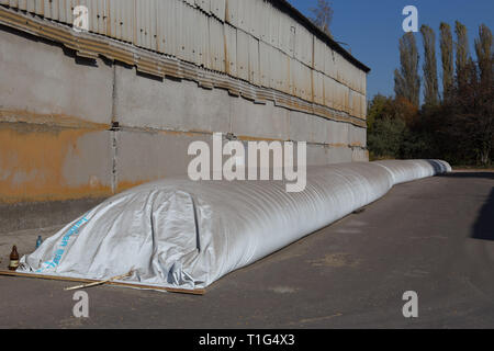 Le thème est l'industrie et agraire. La moisson est stocké dans de grands, imperméables, étanches sacs blancs à l'air libre à l'extérieur de la ferme. Banque D'Images