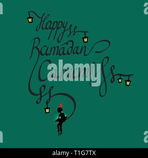 Calligraphie Doodle Happy Ramadan Kareem et un garçon de la lecture du livre sacré, mois sacré islamique arabe de la communauté musulmane, la célébration.Vector Illustration de Vecteur