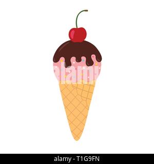 Crème à la cerise avec le chocolat dans un cornet gaufré Illustration de Vecteur