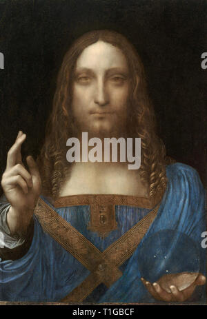 Jésus Christ attribuée à Léonard de Vinci, 'Salvator Mundi", vers 1500, huile sur chêne, 45,4 × 65,6 cm. Le tableau a été vendu chez Christie's New York, le 15 novembre 2017, pour un montant de 450,3 millions de dollars, ce qui en fait le le tableau le plus cher jamais vendu jusqu'à ce moment-là. Référence de fichier #  1003 812THA Banque D'Images