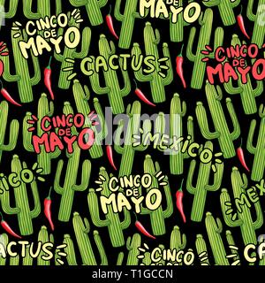 Cactus cartoon. motif transparent Cactus vert et piment rouge doodle la texture. Le Cinco de Mayo et le Mexique à la main lettrage de couleur. Arrière-plan de vacances mexicaines. Design plat de papier d'emballage de fête Illustration de Vecteur