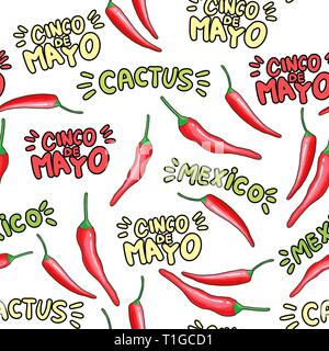 Red chili cartoon motif transparent. Hot Chili Peppers doodle la texture. Le Cinco de Mayo, lettrage stylisé dessiné à la main du cactus. Arrière-plan de vacances mexicaines. Papier d'emballage de légumes épicés de remplissage vectoriel Illustration de Vecteur