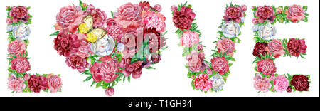 Mot amour de fleurs Aquarelle, dessinés à la main, isolé sur un fond blanc, mariage, design de l'alphabet Banque D'Images