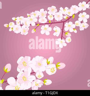 Fleur de cerisier rose sur branche avec des bourgeons et des pousses. Copyspace vide avec frontière. Vector illustration. Illustration de Vecteur