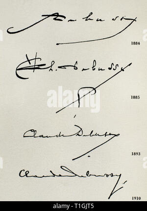 Claude Debussy (1862-1918). Compositeur français. Signatures de Debussy dans différentes périodes de sa vie (1884, 1885, 1893 et 1910). Banque D'Images