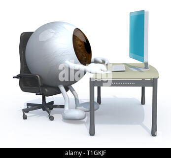 Brown eyeball avec bras et jambes coin travaillant sur 24 avec ordinateur, 3d illustration Banque D'Images