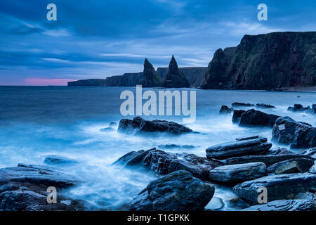 Duncansby Head et piles de la mer à l'aube, Caithness, Highlands, Scotland, UK Banque D'Images