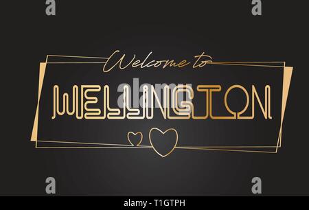 Texte d'or Bienvenue à Wellington lettrage néon typographie avec cadres dorés et d'illustration vectorielle conception de coeurs. Illustration de Vecteur