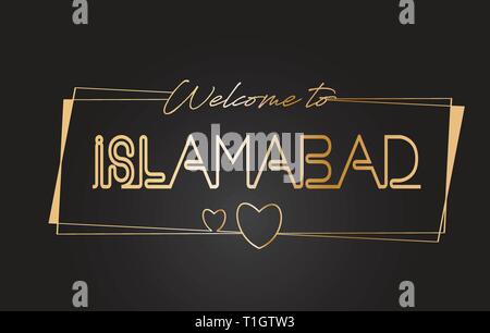 Texte d'or Bienvenue à Islamabad lettrage néon typographie avec cadres dorés et d'illustration vectorielle conception de coeurs. Illustration de Vecteur