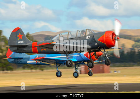 Deux Yakovlev Yak-52 avions décoller en formation à ailes au-dessus de l'aérodrome de la hotte à l'Airshow Wairarapa, Masterton, Nouvelle-Zélande Banque D'Images