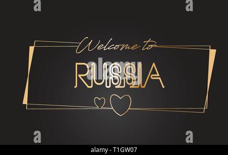 La Russie Bienvenue sur texte d'or lettrage néon typographie avec cadres dorés et d'illustration vectorielle conception de coeurs. Illustration de Vecteur