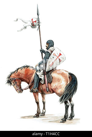 Chevalier à cheval médiévale. Chevalier templier à cheval.Knight illustration. Banque D'Images