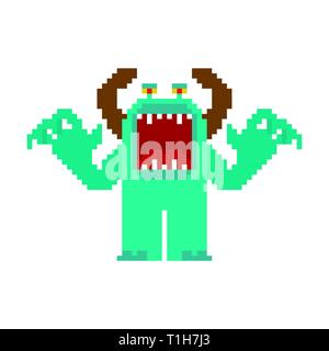 Angry cartoon Monster pixel art avec la bouche ouverte. Vector 8 peu Illustration de Vecteur