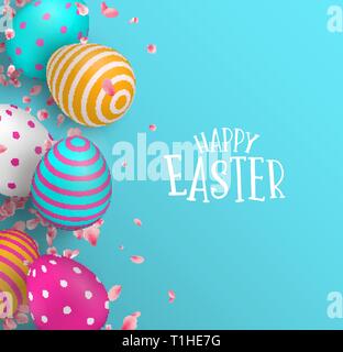 Joyeuses Pâques carte de voeux de l'illustration 3d et les oeufs colorés de pétales de fleur de printemps. Maison de vacances réaliste décoration avec typographie citer pour la tradition Illustration de Vecteur