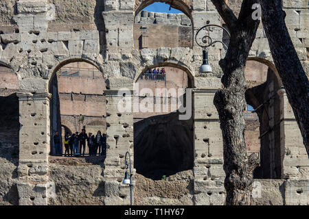 Le symbole de la ville de Rome, le Colisée, avec tous ses 'Windows' sur le ciel, l'Arc de Constantin avec les mouettes que dans l'habitent. Banque D'Images