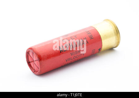 Un calibre 12, ou de l'alésage, Eley Alphamax High Velocity cartouche de fusil à l'aide d'une capsule dmeno fermeture sans plomb 1 pastilles. La collecte de fusil cartri Banque D'Images