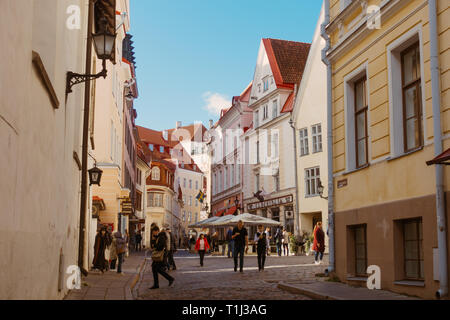 Les touristes à pied à travers les rues de la vieille ville de Tallinn, Estonie Banque D'Images