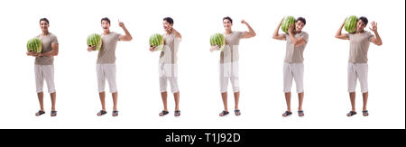 Jeune homme avec watermelon isolated on white Banque D'Images