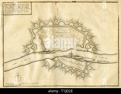 Géographie / voyage, Allemagne, Hesse, Frankfurt am Main, plan de Francfort : 'FrancfortSur le Main Ville Imperial d'Allemagne..', gravure sur cuivre de : 'Introduction à la fortification", par Nicolas de Fer, Paris, vers 1700. De l'artiste n'a pas d'auteur pour être effacé Banque D'Images