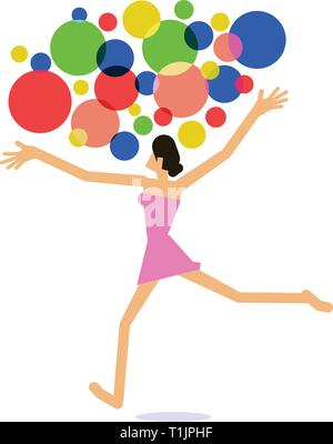 Girl Dancing avec des ballons multicolores Illustration de Vecteur