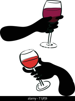 Noir élégant les mains gantées tenant diverses saveurs du vin dans des verres à vin court dans un parti ou un cocktail pour l'environnement Illustration de Vecteur