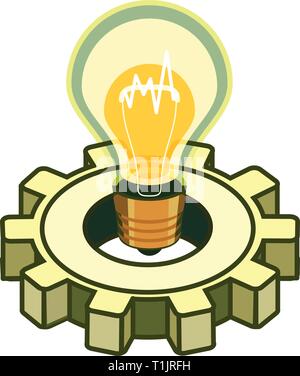 La hausse de l'ampoule jusqu'à l'intérieur d'une roue dentée de mécanique avec une charge électrique central allumé au milieu Illustration de Vecteur