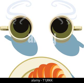 Tasses de café à la vapeur avec plaque & croissant Illustration de Vecteur