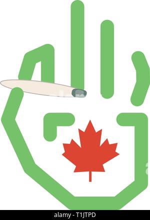 Style de ligne graphique et la main tenant une feuille d'érable maijuana joint avec un drapeau canadien sur la feuille d'érable style Palm Illustration de Vecteur