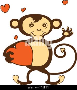 Amour singe holding heart avec des coeurs flottant autour de lui Illustration de Vecteur