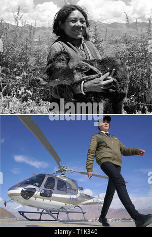 (190327) -- BEIJING, 27 mars 2019 (Xinhua) -- La photo prise par Li Changyong en 1959 montre le serf émancipé Drolma tenant son premier veau affecté dans le sud-ouest de la Chine, région autonome du Tibet. La partie inférieure photo prise par Jigme Dorje, le 20 mars 2019 montre une femme Yeshe, pilote d'hélicoptère tibétain dans le comté de Damxung à Lhassa. Banque D'Images