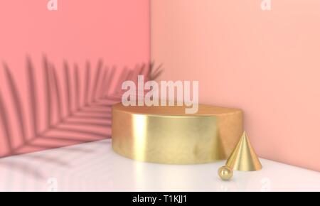 Résumé d'or scène podium minime immersive avec la feuille de palmier d'ombre. 3D Render Banque D'Images