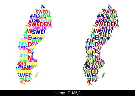 La Suède croquis texte lettre map, Royaume de Suède - sous la forme du continent, la carte de la Suède - vector illustration couleur Illustration de Vecteur