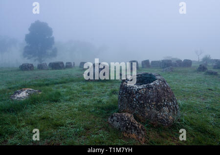 Entre un champ de mines terrestres et de bombes de la guerre du Vietnam, d'anciens pots sont les derniers témoins d'une civilisation laotienne perdue. La Plaine des Jarres, nw Banque D'Images