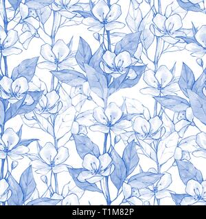 Floral bleu motif transparent. Contexte aquarelle monochrome Banque D'Images