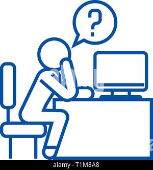 La pensée de l'homme dans l'icône de la ligne du bureau concept. L'homme pense en bureaux appartement vector symbole, signe, contours illustration. Illustration de Vecteur