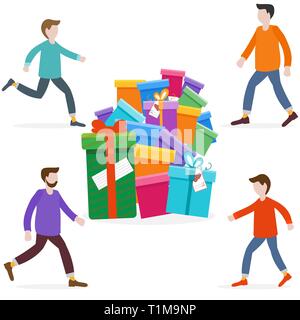 Les hommes se précipiter pour la vente d'un lot de cadeaux. Shopping les hommes. Grosse vente. Vendredi noir. Offre spéciale. Concept design pour la bannière, le matériel promotionnel, l'impression. Illustration de Vecteur
