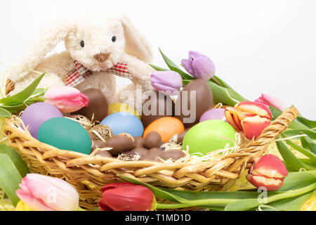 Lapin de Pâques, oeufs peints et des œufs en chocolat avec tulipes colorées Banque D'Images